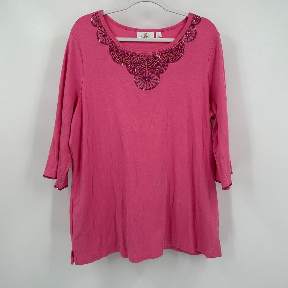 Quacker Factory Womens Pink Top Size 2X Sequin Beaded Neckline Festive Bright